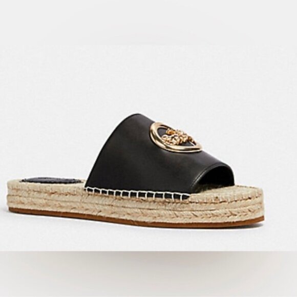 Coach Leather Platform Espadrille Slip On Sandals Summer Jute Logo Black 7.5 - Picture 1 of 8